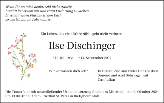 Traueranzeige von Ilse Dischinger von Bietigheimer Zeitung