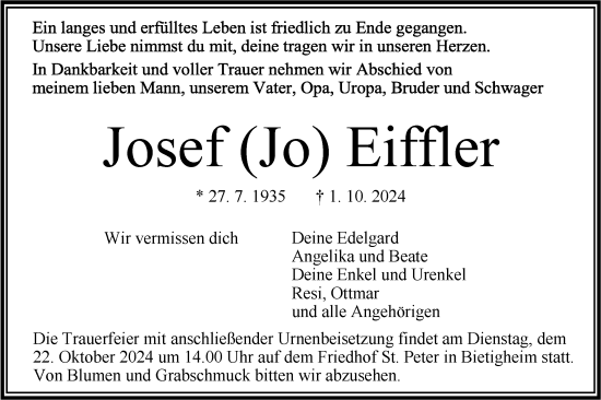 Traueranzeige von Josef Eiffler von Bietigheimer Zeitung