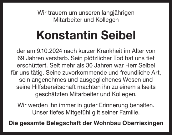 Traueranzeige von Konstantin Seibel von Bietigheimer Zeitung