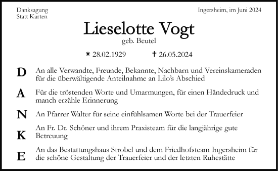 Traueranzeige von Lieselotte Vogt von Bietigheimer Zeitung