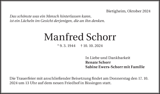 Traueranzeige von Manfred Schorr von Bietigheimer Zeitung