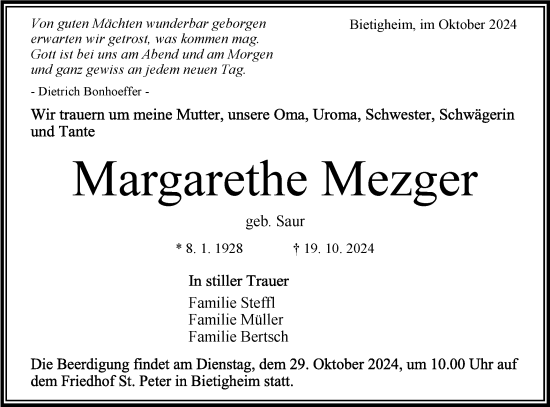 Traueranzeige von Margarethe Mezger von Bietigheimer Zeitung