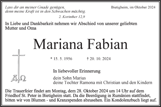 Traueranzeige von Mariana Fabian von Bietigheimer Zeitung