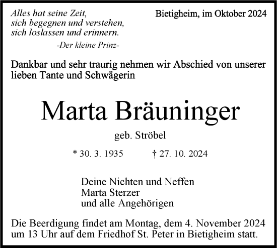 Traueranzeige von Marta Bräuninger von Bietigheimer Zeitung