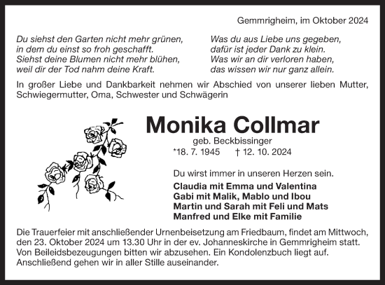 Traueranzeige von Monika Collmar von Bietigheimer Zeitung