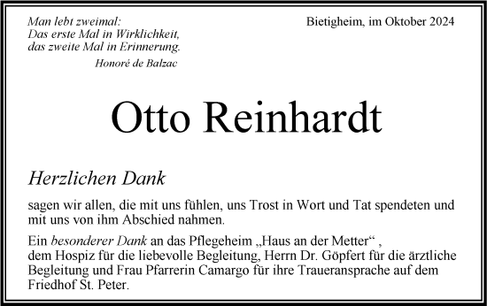 Traueranzeige von Otto Reinhardt von Bietigheimer Zeitung