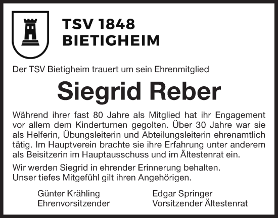 Traueranzeige von Siegrid Reber von Bietigheimer Zeitung