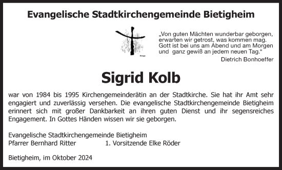 Traueranzeige von Sigrid Kolb von Bietigheimer Zeitung