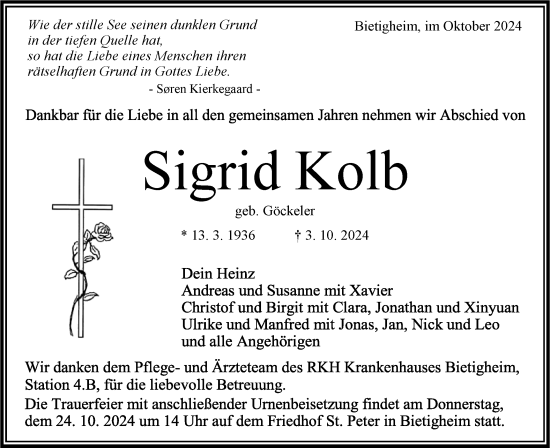 Traueranzeige von Sigrid Kolb von Bietigheimer Zeitung