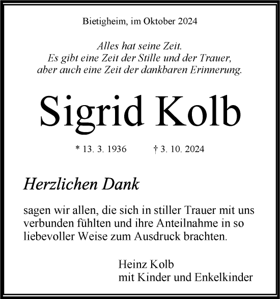 Traueranzeige von Sigrid Kolb von Bietigheimer Zeitung