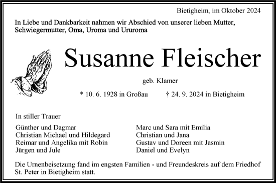 Traueranzeige von Susanne Fleischer von Bietigheimer Zeitung