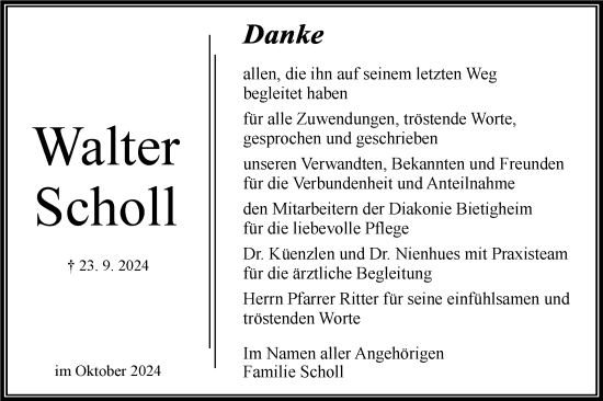 Traueranzeige von Walter Scholl von Bietigheimer Zeitung