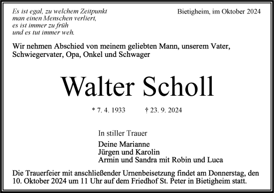 Traueranzeige von Walter Scholl von Bietigheimer Zeitung