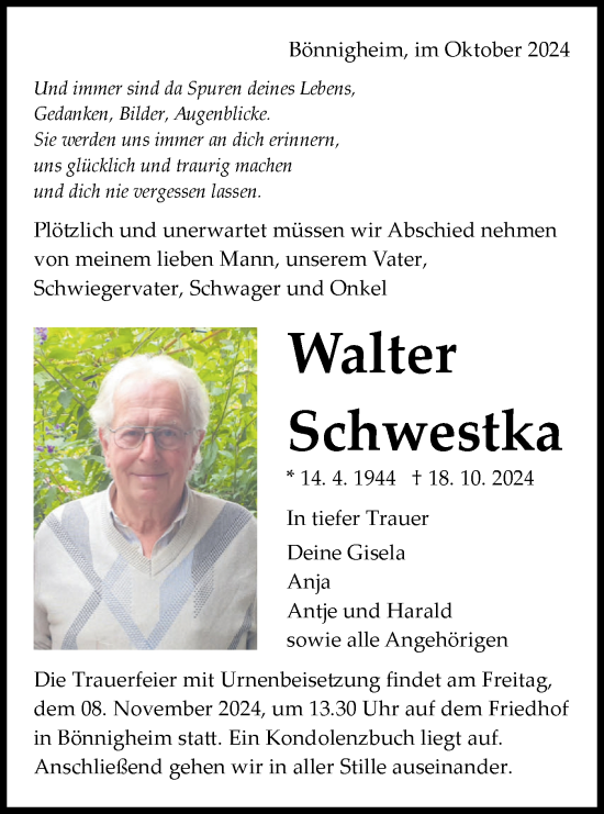 Traueranzeige von Walter Schwestka von Bietigheimer Zeitung