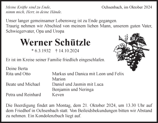 Traueranzeige von Werner Schützle von Bietigheimer Zeitung