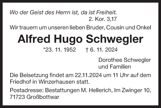 Traueranzeige von Alfred Hugo Schwegler von Bietigheimer Zeitung