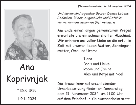 Traueranzeige von Ana Koprivnjak von Bietigheimer Zeitung