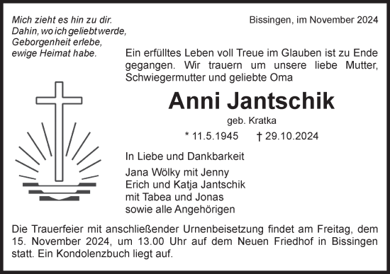 Traueranzeige von Anni Jantschik von Bietigheimer Zeitung