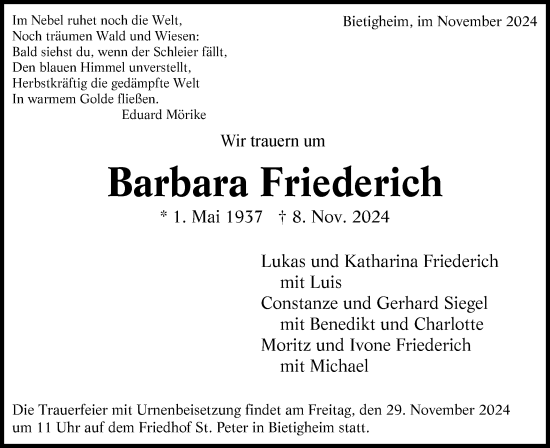 Traueranzeige von Barbara Friederich von Bietigheimer Zeitung