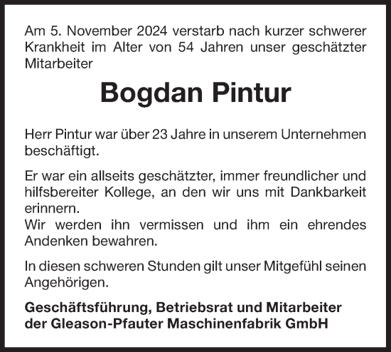 Traueranzeige von Bogdan Pintur von Bietigheimer Zeitung