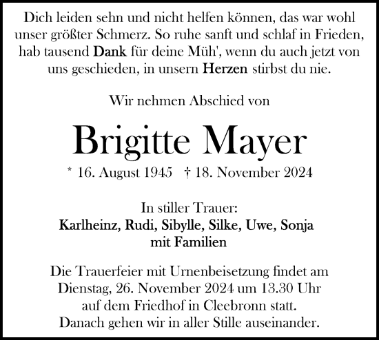 Traueranzeige von Brigitte Mayer von Bietigheimer Zeitung