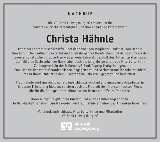 Traueranzeige von Christa Hähnle von Bietigheimer Zeitung