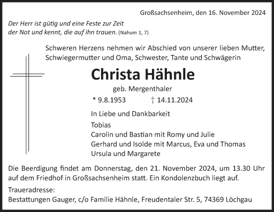 Traueranzeige von Christa Hähnle von Bietigheimer Zeitung