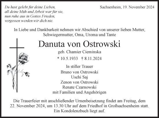 Traueranzeige von Danuta von Ostrowski von Bietigheimer Zeitung