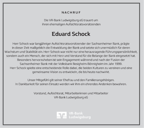 Traueranzeige von Eduard Schock von Bietigheimer Zeitung