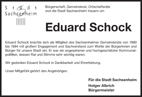 Traueranzeige von Eduard Schock von Bietigheimer Zeitung