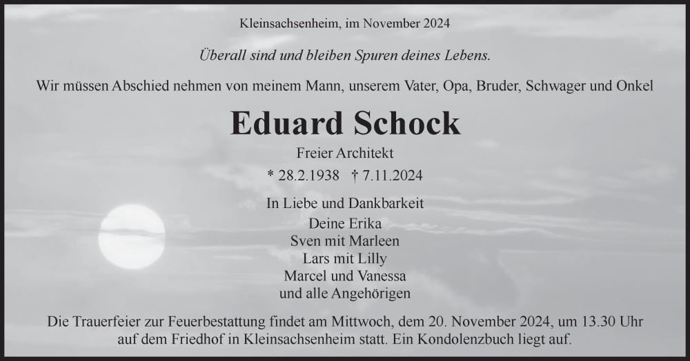  Traueranzeige für Eduard Schock vom 15.11.2024 aus Bietigheimer Zeitung