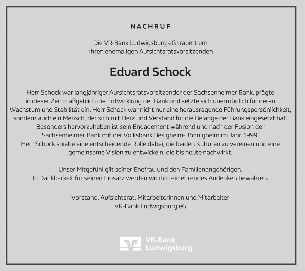  Traueranzeige für Eduard Schock vom 15.11.2024 aus Bietigheimer Zeitung