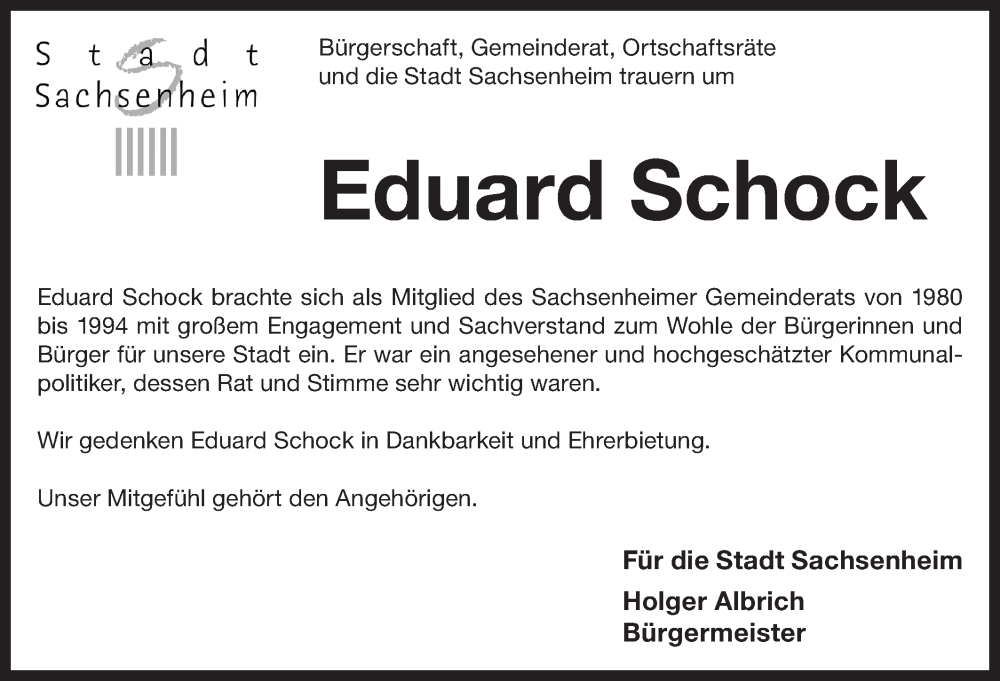  Traueranzeige für Eduard Schock vom 16.11.2024 aus Bietigheimer Zeitung