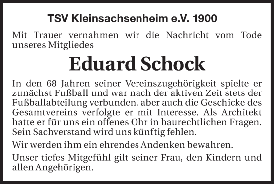 Traueranzeige von Eduard Schock von Bietigheimer Zeitung