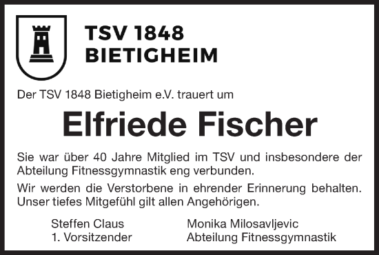 Traueranzeige von Elfriede Fischer von Bietigheimer Zeitung