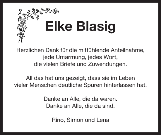 Traueranzeige von Elke Blasig von Bietigheimer Zeitung