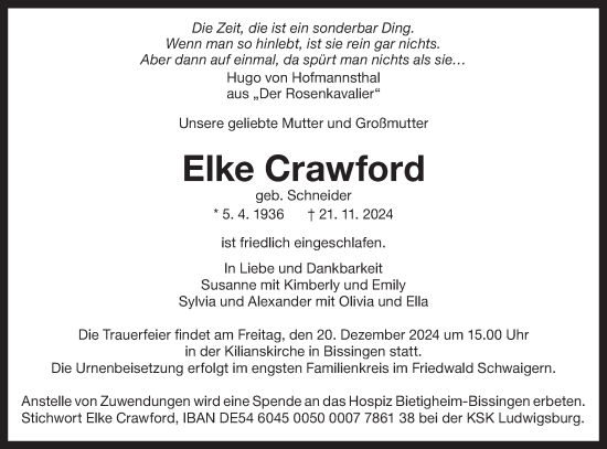 Traueranzeige von Elke Crawford von Bietigheimer Zeitung