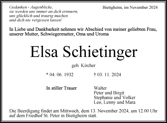 Traueranzeige von Elsa Schietinger von Bietigheimer Zeitung