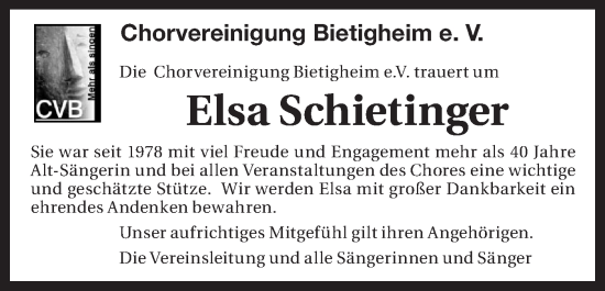 Traueranzeige von Elsa Schietinger von Bietigheimer Zeitung