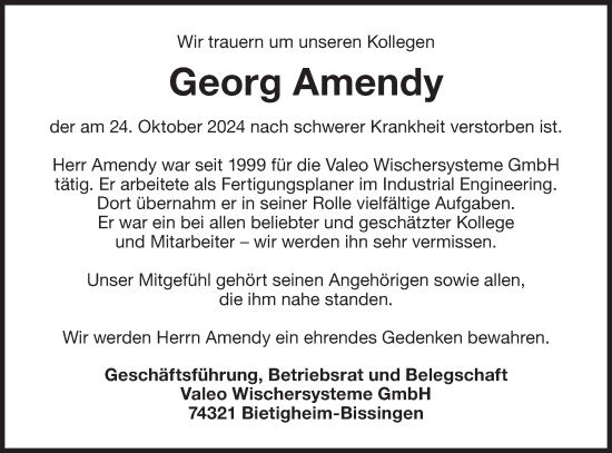 Traueranzeige von Georg Amendy von Bietigheimer Zeitung