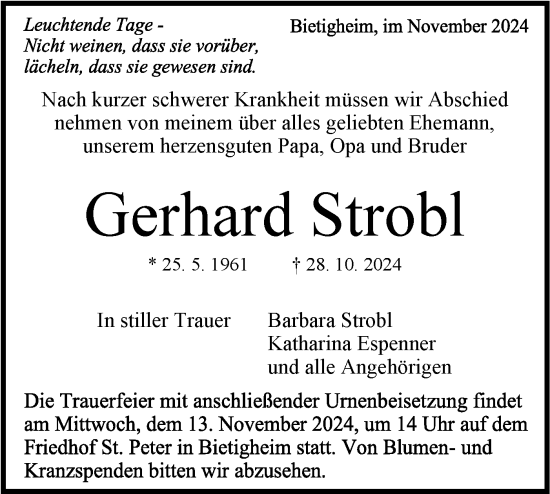 Traueranzeige von Gerhard Strobl von Bietigheimer Zeitung