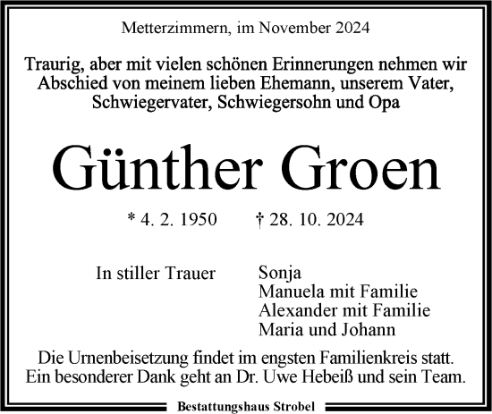 Traueranzeige von Günther Groen von Bietigheimer Zeitung