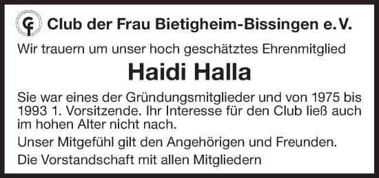 Traueranzeige von Haidi Halla von Bietigheimer Zeitung