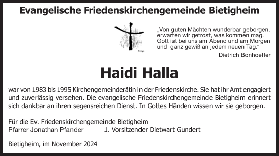 Traueranzeige von Haidi Halla von Bietigheimer Zeitung