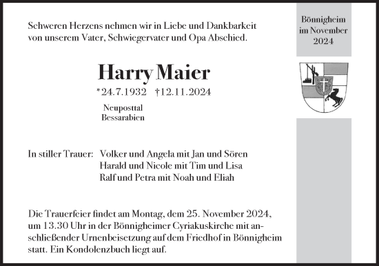 Traueranzeige von Harry Maier von Bietigheimer Zeitung