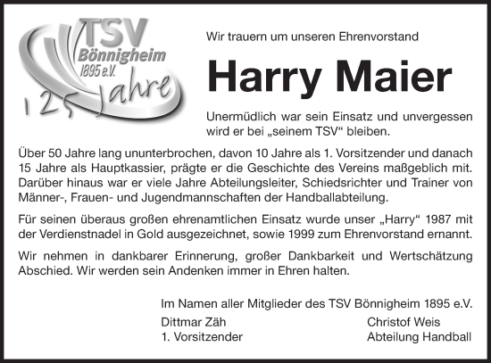 Traueranzeige von Harry Maier von Bietigheimer Zeitung