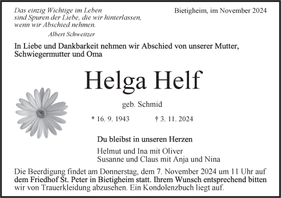 Traueranzeige von Helga Helf von Bietigheimer Zeitung