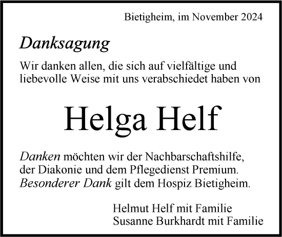 Traueranzeige von Helga Helf von Bietigheimer Zeitung