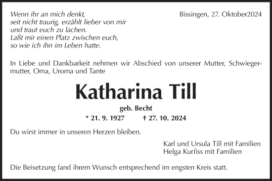 Traueranzeige von Katharina Till von Bietigheimer Zeitung