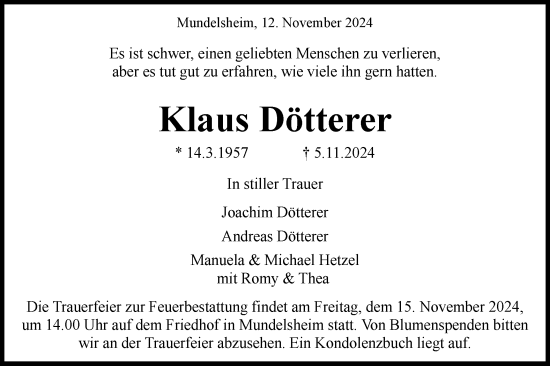 Traueranzeige von Klaus Dötterer von Bietigheimer Zeitung